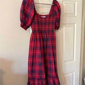 Hill House Louisa Nap Dress Tartan Smocked Puff Sleeve Dress in Red and Navy